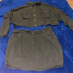 Green skirt and jacket jean set from Fashion Nova.